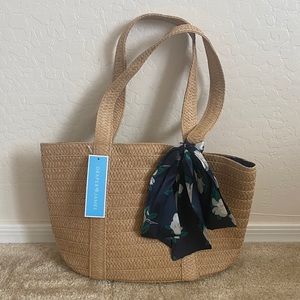 straw bag with floral scarf